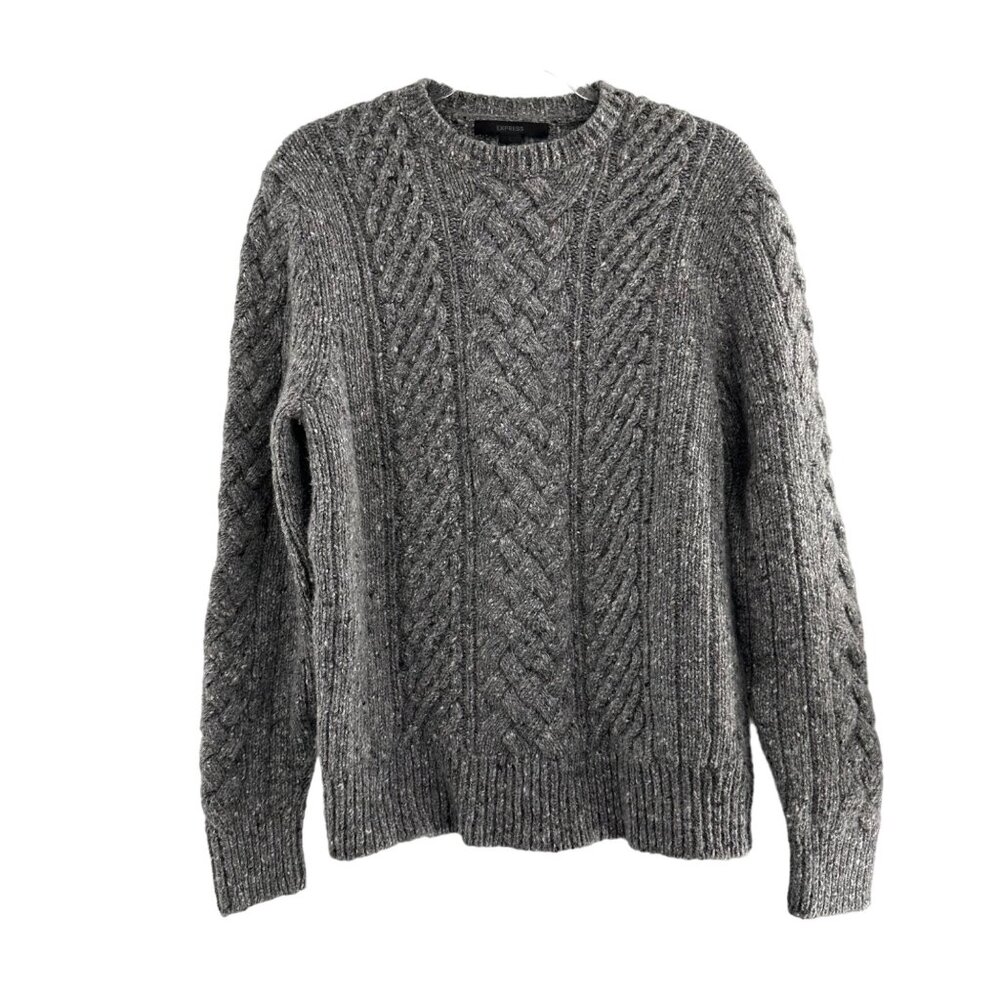 Vtg Express Gray Cable Knit Wool Blend Sweater L Crewneck Warm‎ Coastal Y2K